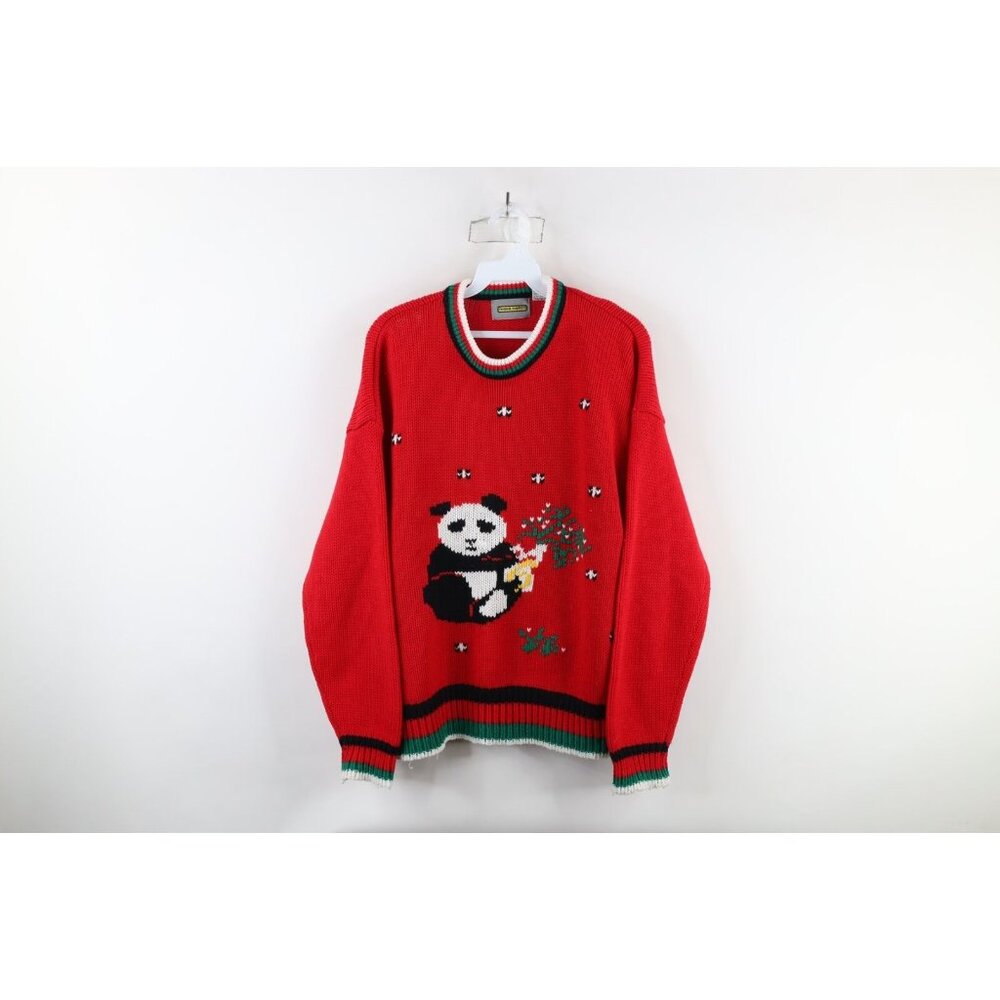 Vintage 90s Streetwear Womens Size 22W Panda Bear Knit Crewneck Sweater Red